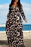 Leopard Print U Neck Long Sleeve Pocket Contrast Loose Vacation Maxi Dresses