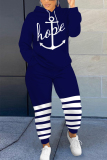 Denim Blue Sportwear Contrast Letter Cartoon Print Hooded Long Sleeve Sweatshirt and Sweatpants Fall Winter Two Pieces Sweatsuits Sets