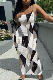 Grey Geometric Print Backless Spaghetti Strap Bodycorn Vacation Long Maxi Slip Dresses