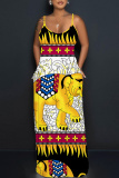Rose Red African Leopard Floral Print Backless Spaghetti Strap Casual Vacation Long Maxi Slip Dresses