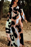 Leopard Print U Neck Long Sleeve Pocket Contrast Loose Vacation Maxi Dresses