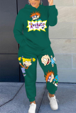 Denim Blue Sportwear Contrast Letter Cartoon Print Hooded Long Sleeve Sweatshirt and Sweatpants Fall Winter Two Pieces Sweatsuits Sets