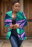 Green Casual Geometric Print Cardigan Turn-back Collar Long Sleeve Office Lady Blazer Suits