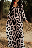 Leopard Print U Neck Long Sleeve Pocket Contrast Loose Vacation Maxi Dresses