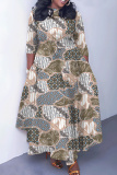 Blue Casual Geometric Pattern Print Belted Round Neck Three Quarter Sleeve A-line Long Swing Dresses
