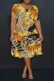 Dark Brown Casual Plaid Chain Print Leopard Contrast Round Neck Short Sleeve Loose Plus Size A-line Midi Dresses