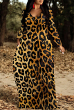 Leopard Print U Neck Long Sleeve Pocket Contrast Loose Vacation Maxi Dresses