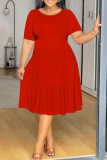 White O Neck Short Sleeve A Line Casual Outing Vacation Loose Plus Size Pleated T Shirt Midi Dress