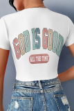 Black Letter Print V Neck Short Sleeve Lace Up Front Knotted Crop T-Shirts