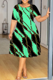 Red Green Colorblock Chain print O Neck Short Sleeve A Line Casual Outing Vacation Straight Loose Plus Size T Shirt Midi Dress