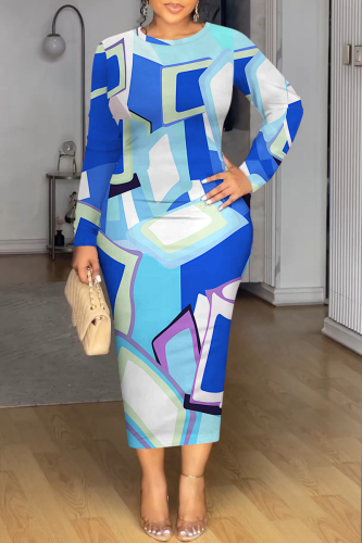 Blue Bronzing Pattern Geometric Print O Neck Long Sleeve Casual Outing Bodycon Midi Dresses