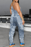 Gray Blue Faux Denim Print U Neck Sleeveless Pocket Loose Casual Cami Jumpsuits