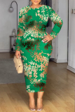Blue Bronzing Pattern Geometric Print O Neck Long Sleeve Casual Outing Bodycon Midi Dresses