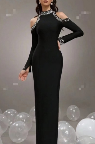 Black Beading Hot Drill Half A Turtleneck Long Sleeve Formal Evening Party Prom Wedding  Bodycon Maxi Dresses