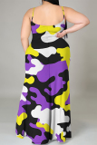 Yellow Green Gradient Camouflage Print U Neck Backless Sleeveless Side Slit Floor Length Vacation Baggy Sundress Slip Maxi Dress