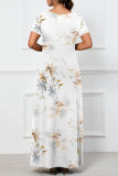 White Stripe Floral Print Long Sleeve V Neck Floor Length Casual Outing Plus Size Straight Loose Maxi Dress