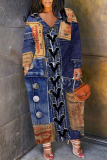 Denim Blue Faux Denim Print V Neck Long Sleeve Pokcets Vacation Loose Straight Fall Winter Maxi Dress