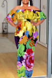 Apricot Fruit Floral Print Off Shoulder Flutter Sleeve Long Loose Vacation Plus Size Maxi Dresses