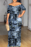 Dark Grey Faux Denim Print Off Shoulder Short Sleeve Loose Fit Vacation Maxi Dress