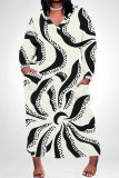 Black Flowers Love Print V Neck Long Sleeve Pokcets Vacation Loose Strsaight Fall Winter Plus Size Maxi Dress