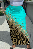 Leopard Letters Gradient Splashed Ink Print Casual High Waist Skinny Maxi Skirt