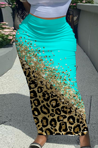 Leopard Letters Gradient Splashed Ink Print Casual High Waist Skinny Maxi Skirt