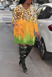 Fluorescent Green Casual Graphics Print Pocket V Neck Long Sleeve Straight Plus Size Midi Dresses