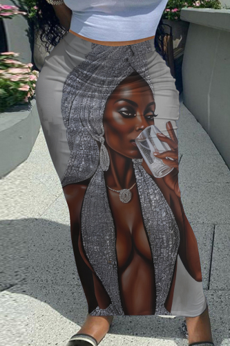 Silver Gray African Figure Print Casual High Waist Skinny Maxi Skirt