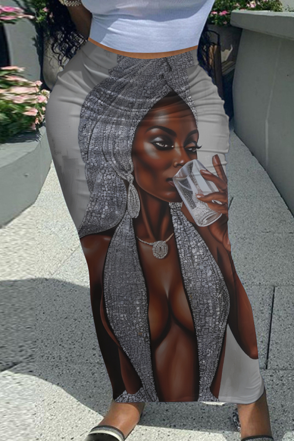 Silver Gray African Figure Print Casual High Waist Skinny Maxi Skirt