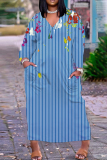 Orange Stripe Animal Print V Neck Long Sleeve Pokcets Vacation Loose Straight Fall Winter Plus Size Maxi Dress