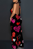 Black Red Letters Love Print Lace Up Sleeveless Backless Loose Straight Leg Halter Jumpsuits