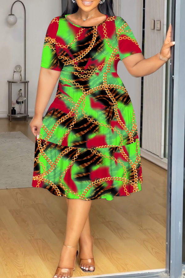 Red Green Colorblock Chain print O Neck Short Sleeve A Line Casual Outing Vacation Straight Loose Plus Size T Shirt Midi Dress