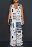 Beige Geometric Print Lace Up Sleeveless Backless Loose Straight Leg Halter Jumpsuits