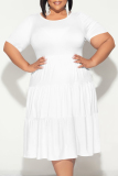 White O Neck Short Sleeve A Line Casual Outing Vacation Loose Plus Size Pleated T Shirt Midi Dress