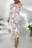 Rose Red Gradient Flowers Print O Neck Long Sleeve Ankle Length Causal Outing Bodycon Maxi Dress