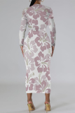Rose Red Gradient Flowers Print O Neck Long Sleeve Ankle Length Causal Outing Bodycon Maxi Dress