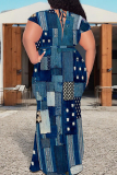 Blue Khaki Graphics Print V Neck Short Sleeve Lace Up Floor Length Plus Size Bodycon Maxi Dresses
