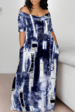 Dark Grey Faux Denim Print Off Shoulder Short Sleeve Loose Fit Vacation Maxi Dress