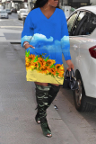 Fluorescent Green Casual Graphics Print Pocket V Neck Long Sleeve Straight Plus Size Midi Dresses
