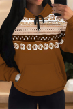 Black Geometric Print Long Sleeve Draw String Pocket Fall Winter Hooded Sweatshirt