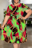 Red Green Colorblock Chain print O Neck Short Sleeve A Line Casual Outing Vacation Straight Loose Plus Size T Shirt Midi Dress