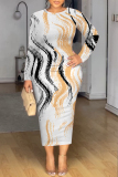Blue Bronzing Pattern Geometric Print O Neck Long Sleeve Casual Outing Bodycon Midi Dresses
