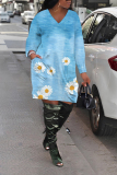 Fluorescent Green Casual Graphics Print Pocket V Neck Long Sleeve Straight Plus Size Midi Dresses