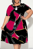 Red Green Colorblock Chain print O Neck Short Sleeve A Line Casual Outing Vacation Straight Loose Plus Size T Shirt Midi Dress