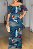 Dark Grey Faux Denim Print Off Shoulder Short Sleeve Loose Fit Vacation Maxi Dress