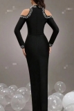Black Beading Hot Drill Half A Turtleneck Long Sleeve Formal Evening Party Prom Wedding  Bodycon Maxi Dresses
