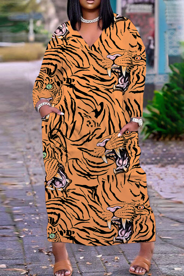 Orange Stripe Animal Print V Neck Long Sleeve Pokcets Vacation Loose Straight Fall Winter Plus Size Maxi Dress