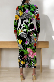Dark Blue Floral Print O Neck Long Sleeve Casual Outing Vacation Bodycon Maxi Dresses