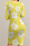 Orange Flowers Print O Neck Long Sleeve Ankle Length Causal Outing Bodycon Midi Dress