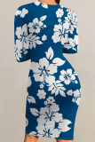 Orange Flowers Print O Neck Long Sleeve Ankle Length Causal Outing Bodycon Midi Dress